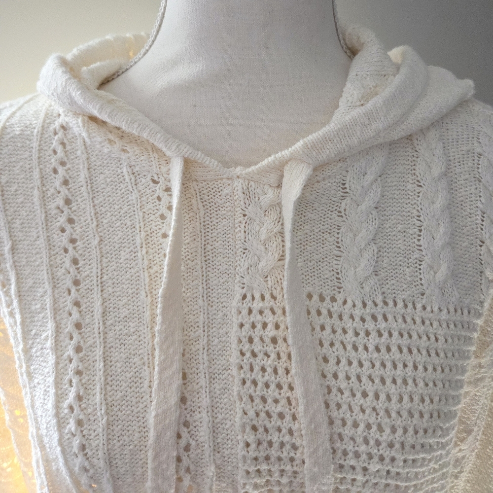 American Eagle Open Knit Patchwork Hoodie Sweater in Cream